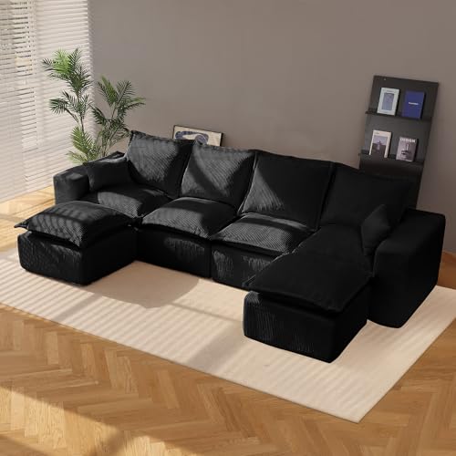 107" Comfy Cloud Couch with L-Shape Chaise & Deep Seat, Modular Sectional Sofa in a Box, Boneless Upholstered Couches for Living Room, No Assembly Required (Soft Corduroy, Black)