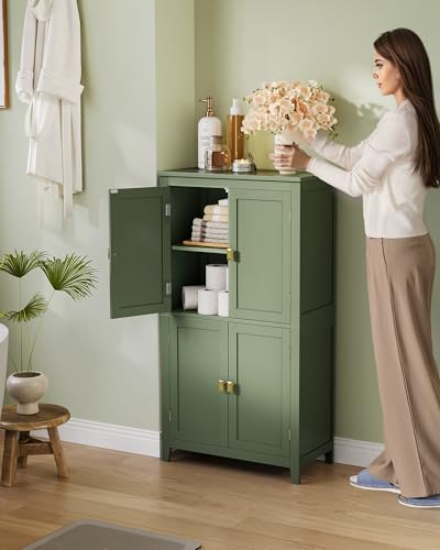 VASAGLE Bathroom Floor Storage Cabinet, Bathroom Storage Unit, Freestanding Cabinet with 4 Doors, Adjustable Shelves, 11.8 x 23.6 x 43.3 Inches, Forest Green UBBC552C01
