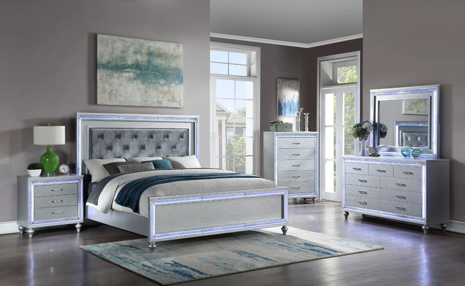 Contemporary 4pc King Size Upholstered Bed Dresser Mirror Nightstand Wooden Master Bedroom LED Lights Set Silver Finish