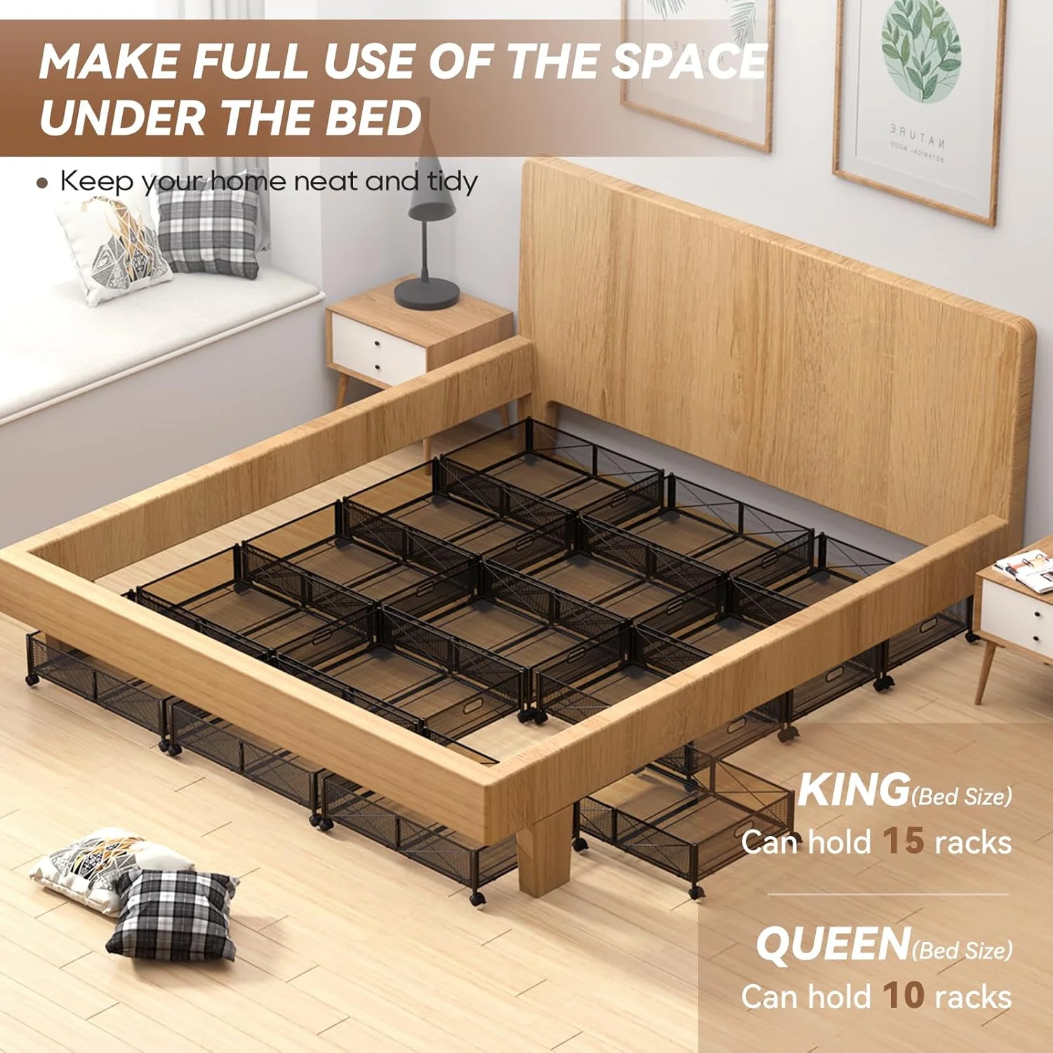 Under Bed Storage Containers with Wheels, Under Bed Shoe Storage Organizer Drawer, Tool-free Assembly Metal Storage Containers for Bedroom Clothes Shoes Blankets -2PCK