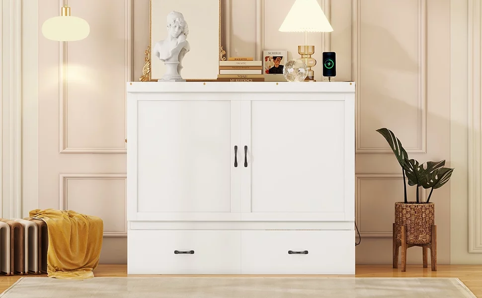 Bellemave Full Size Murphy Bed, Solid Wood Full Murphy Cabinet Bed with USB Port, Easy Fold Modern Murphy Beds with 2 Storage Drawers for Guest Room Home Office (Full,White)