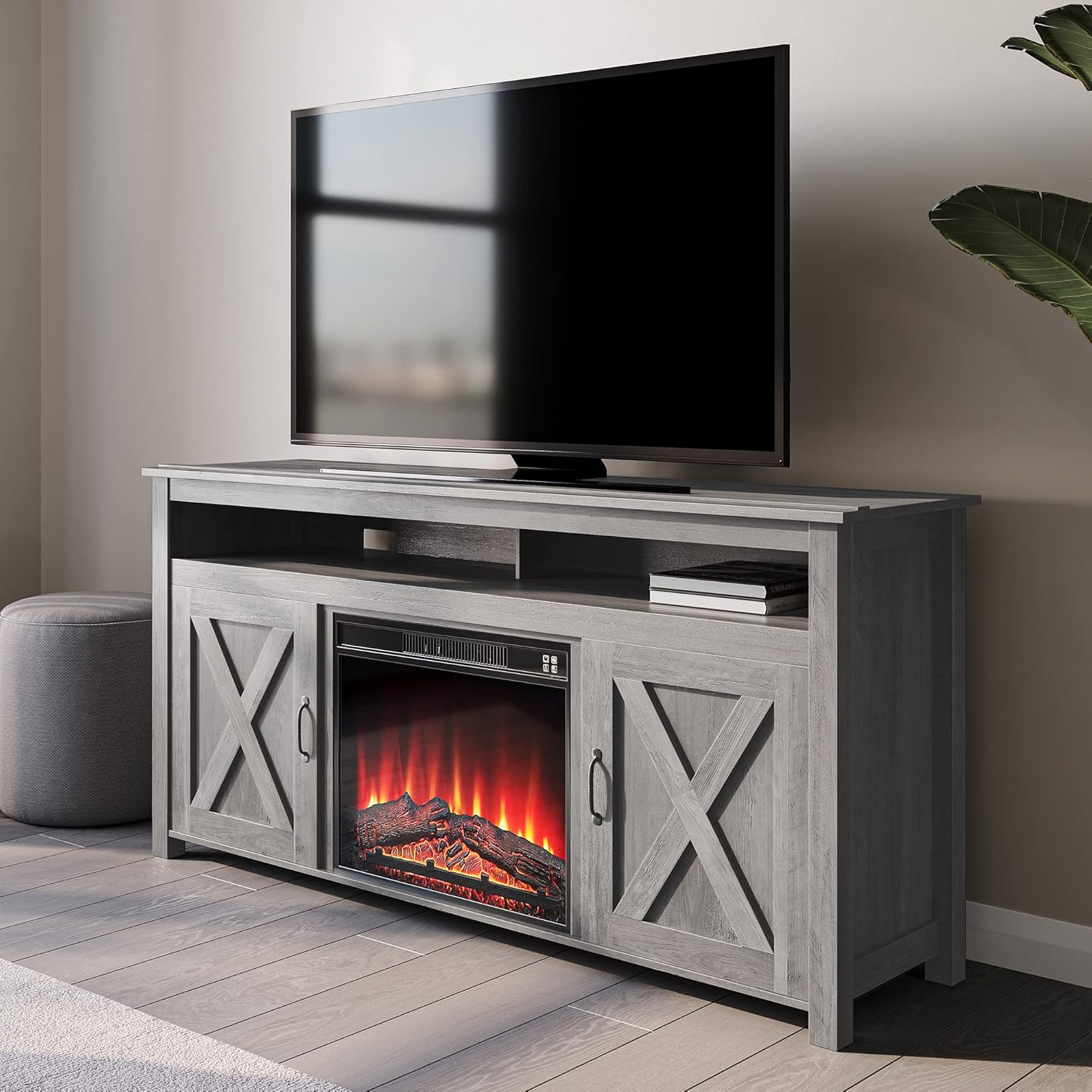 BELLEZE Barn Door Wood Electric Fireplace TV Stand & Media Entertainment Center Console Table for TVs up to 65 Inches with Two Open Shelves and Cabinets - Corin (Gray Wash)