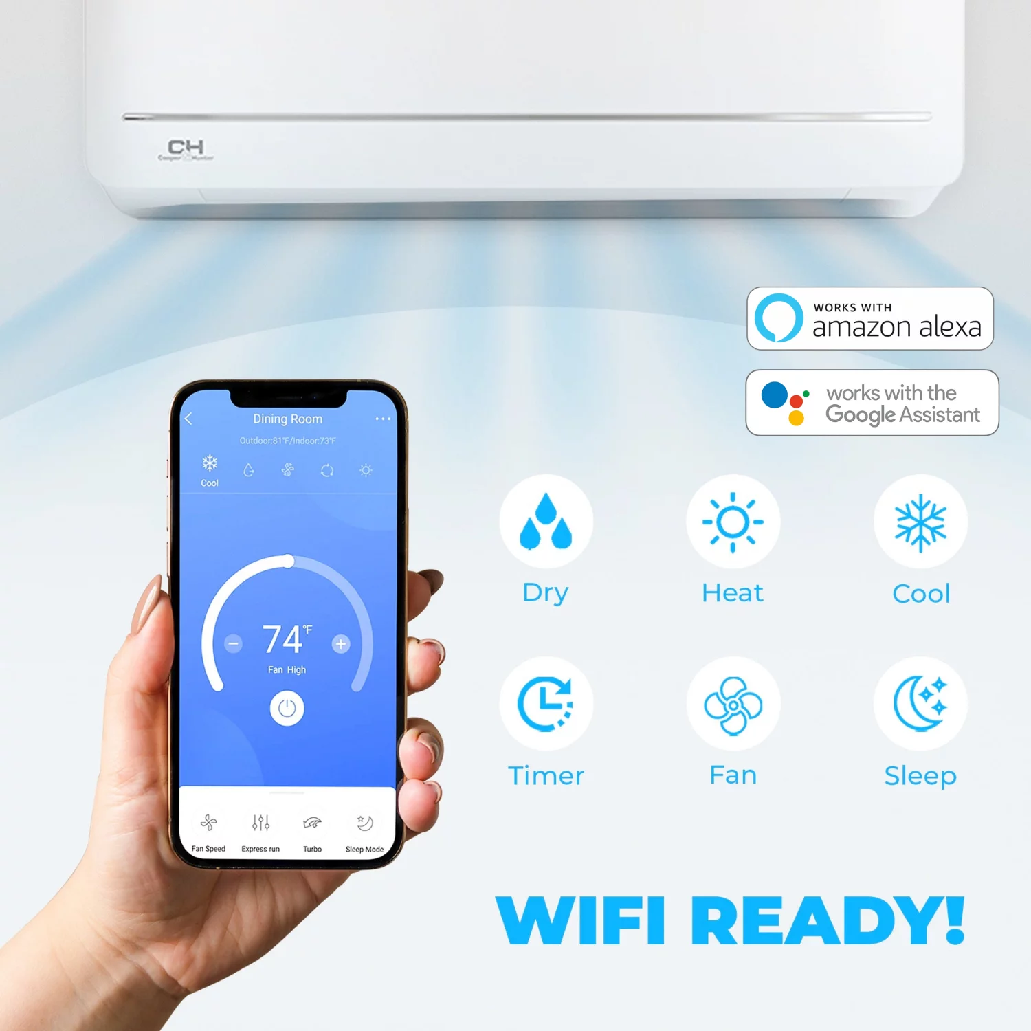 Cooper & Hunter 6000 BTU 115V Wall Mounted Mini Split Heat Pump Air Conditioner With 16ft Kit Cover 250 Sq Ft WiFi