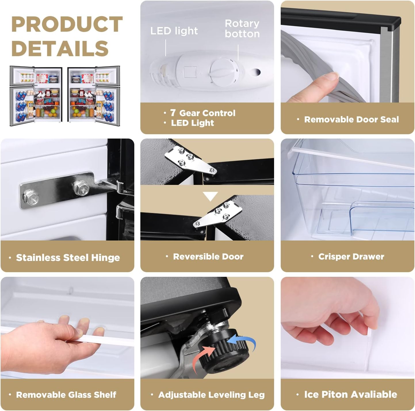 3.2 Cu.Ft Compact Refrigerator with 2 Doors, Mini Fridge with Freezer, 37dB Quiet, 7-Settings Mechanical Thermostat, LED Lights, E-Star Rated Small Refrigerator for Bedroom Office, Dorm or Garage, Black (External Handle)