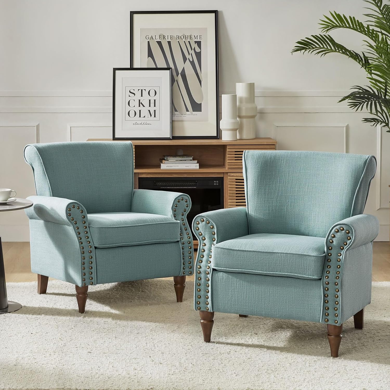 Modern Wingback Living Room Chair Upholstered Fabric Accent Armchair Set Of 2 With Nailhead Trim And Wood Legs For Bedroom Office Reading Spaces Removable Cushion Lounge Chair, Blue - Curated Treasures Market