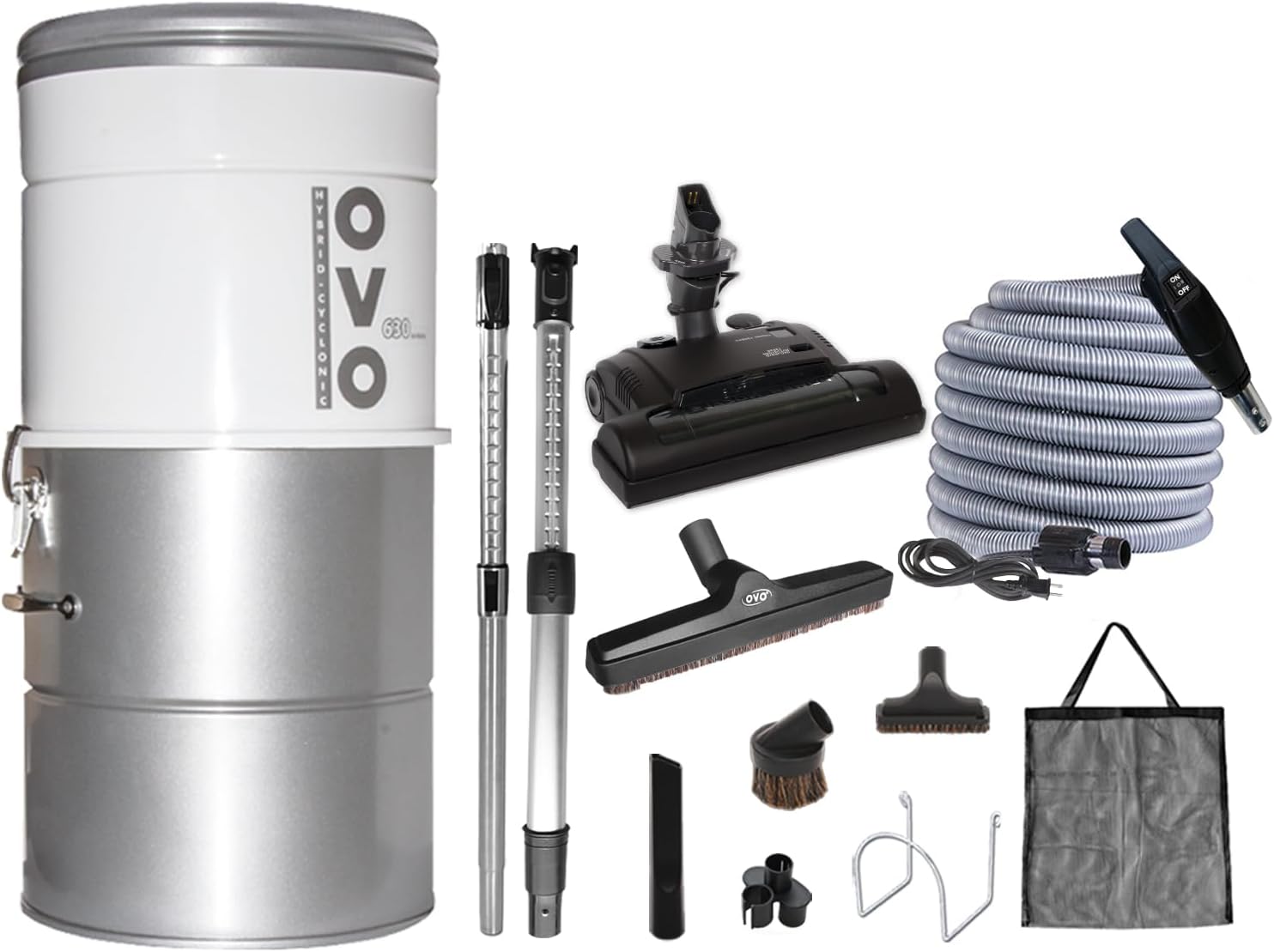 OVO Unit Large and Powerful Central Vacuum System, Hybrid Filtration (with or Without Disposable Bags), 25L or 6.6 Gal, 630 Airwatts with 35 ft Carpet Deluxe Accessory Kit Included, Pack B 35', White