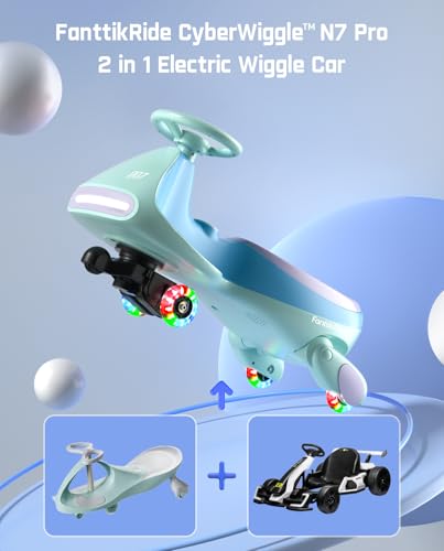 FanttikRide 12V N7 Pro Electric Wiggle Car with Pedal, Rechargeable Battery, CyberWiggle, 2 in 1 Swing Car, 2 Speed, Anti-Rollover, Flashing Wheels, Bluetooth, for Ages 3 and Up, 150 Lbs, Blue