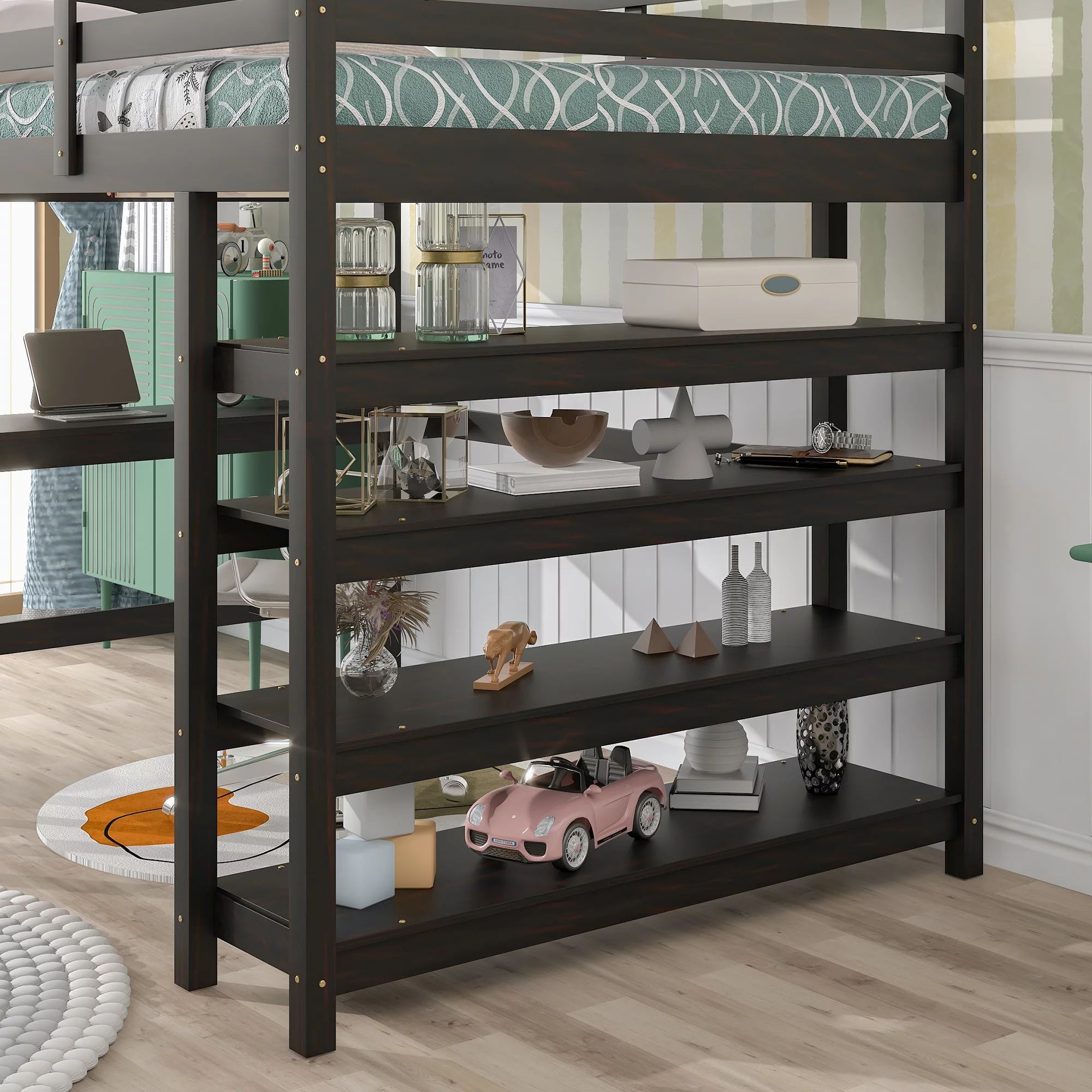 Wooden Full Loft Bed with Desk, Full Size Bunk Bed with 4 Tier Storage Shelves, Workstation Desk, Safety Rail, Wider Ladder for Kids Teens Adults, Space Saving Design, No Spring Box needed, Espresso