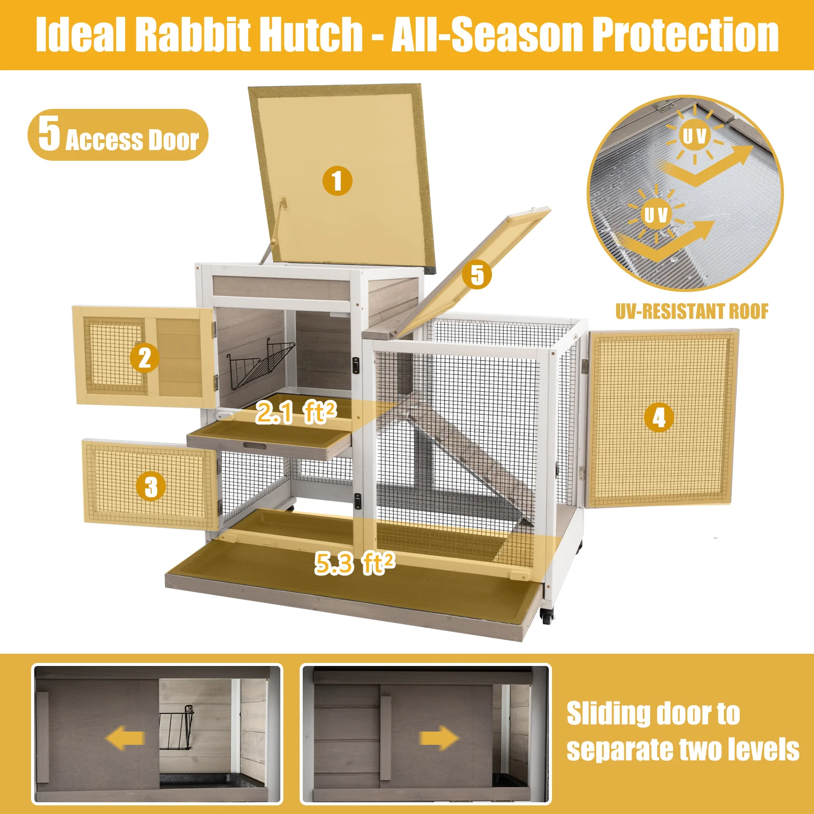 PETSCOSSET 40"L Rabbit Hutch Indoor Wooden Large Bunny Hutch Outdoor 2 Story Rabbit Cage on 4 Metal Wheels with Run and 2 Pull Out Trays UV Panel Guinea Pig Pet House for Small to Medium Animals