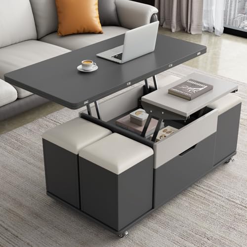 Lift Top Coffee Table with 4 Seats, 3 in 1 Mutifunction Center Table with Storage Pu Stools,Coffee Table Converts to Dining Table for Kitchen, Living Room, Bedroom