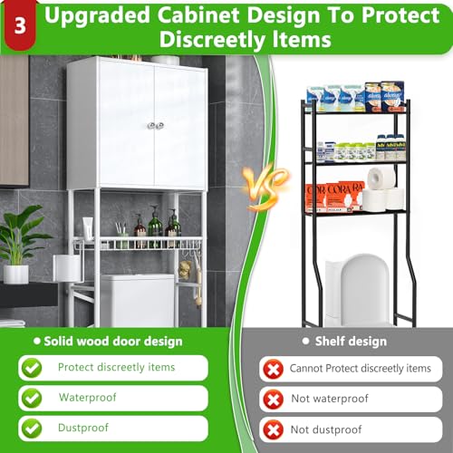 Over The Toilet Storage Cabinet - 2-Door Design Bathroom Organizers Shelf, Freestanding Space-Saver Above Toilet Storage Cabinet with Privacy Protection Rack, Water-Resistant Toilet Shelves (White)