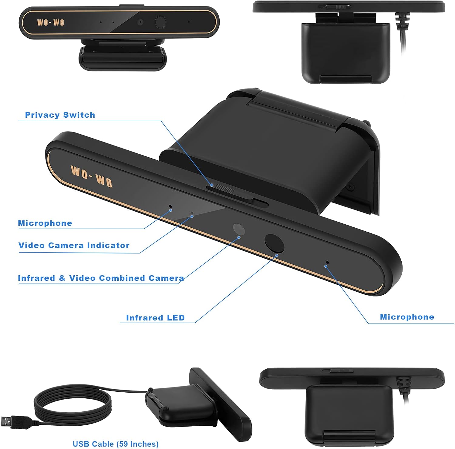 wo-we Windows Hello Face Recognition Webcam for Instant Login with Windows 10, Anti-Hacking with Privacy Switch, 1080P Business IR Webcam with Dual Microphones Used for Online Conference Pack of 2