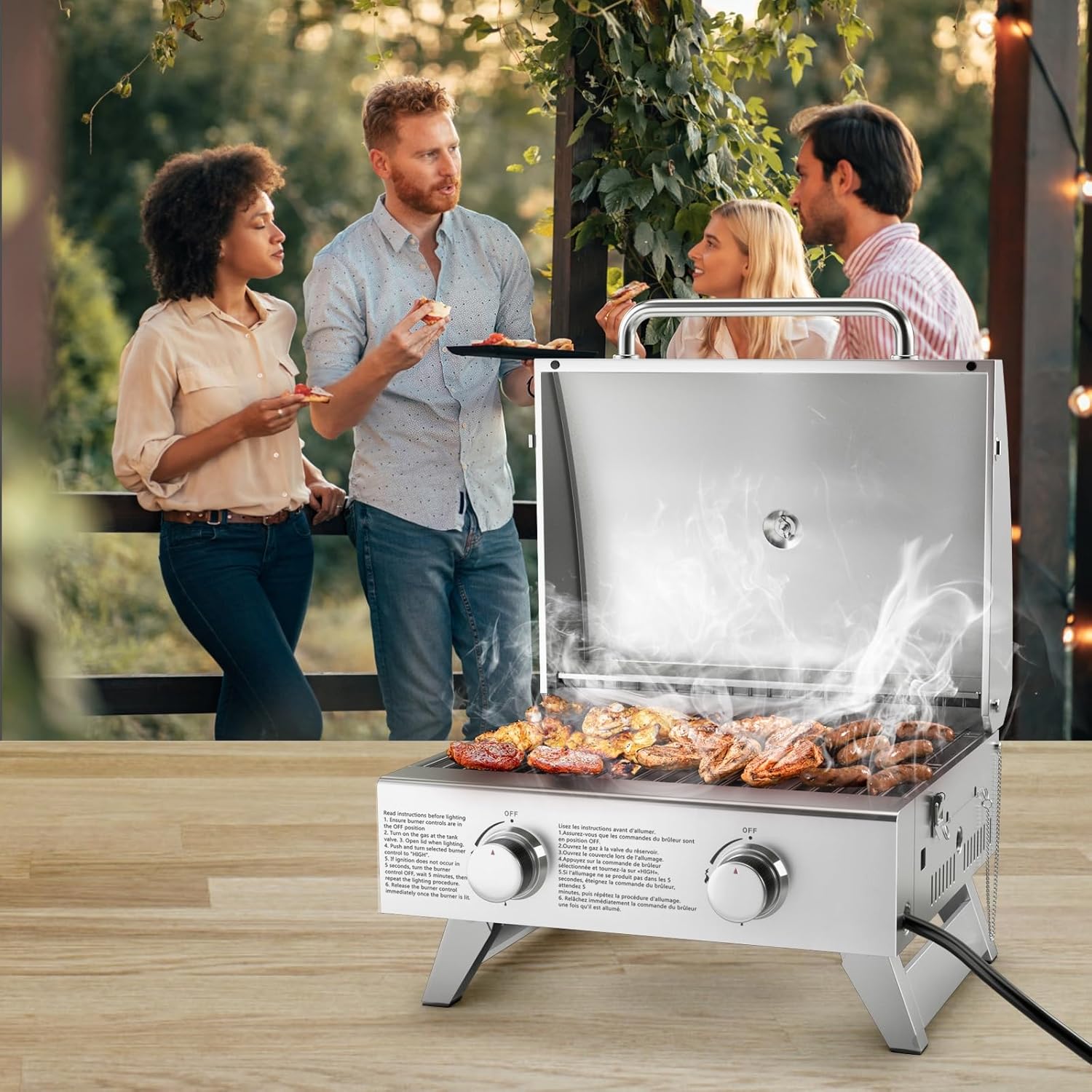 Giantex Portable Gas Grill - Tabletop Propane Grill with 2 Burners, 20,000 BTU total, Built-in Thermometer, Foldable Legs, Regulator Hose, Stainless Steel BBQ Grill for Outdoor Camping Barbecue