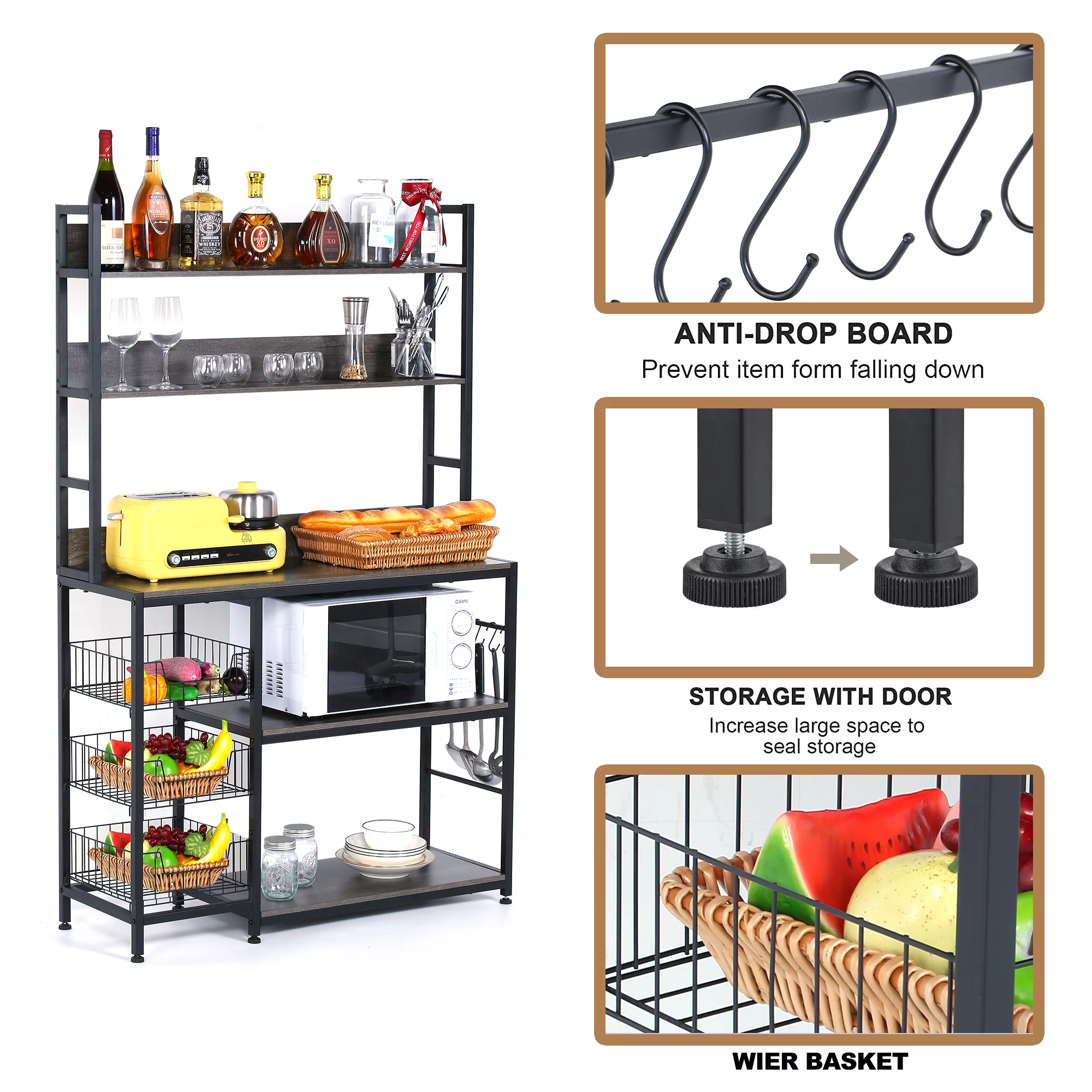 NAIYUFA Kitchen Bakers Rack with Baskets,5-Tier Utility Storage Wood Shelf with Hooks, Microwave Oven Stand Rack,Vintage Grey
