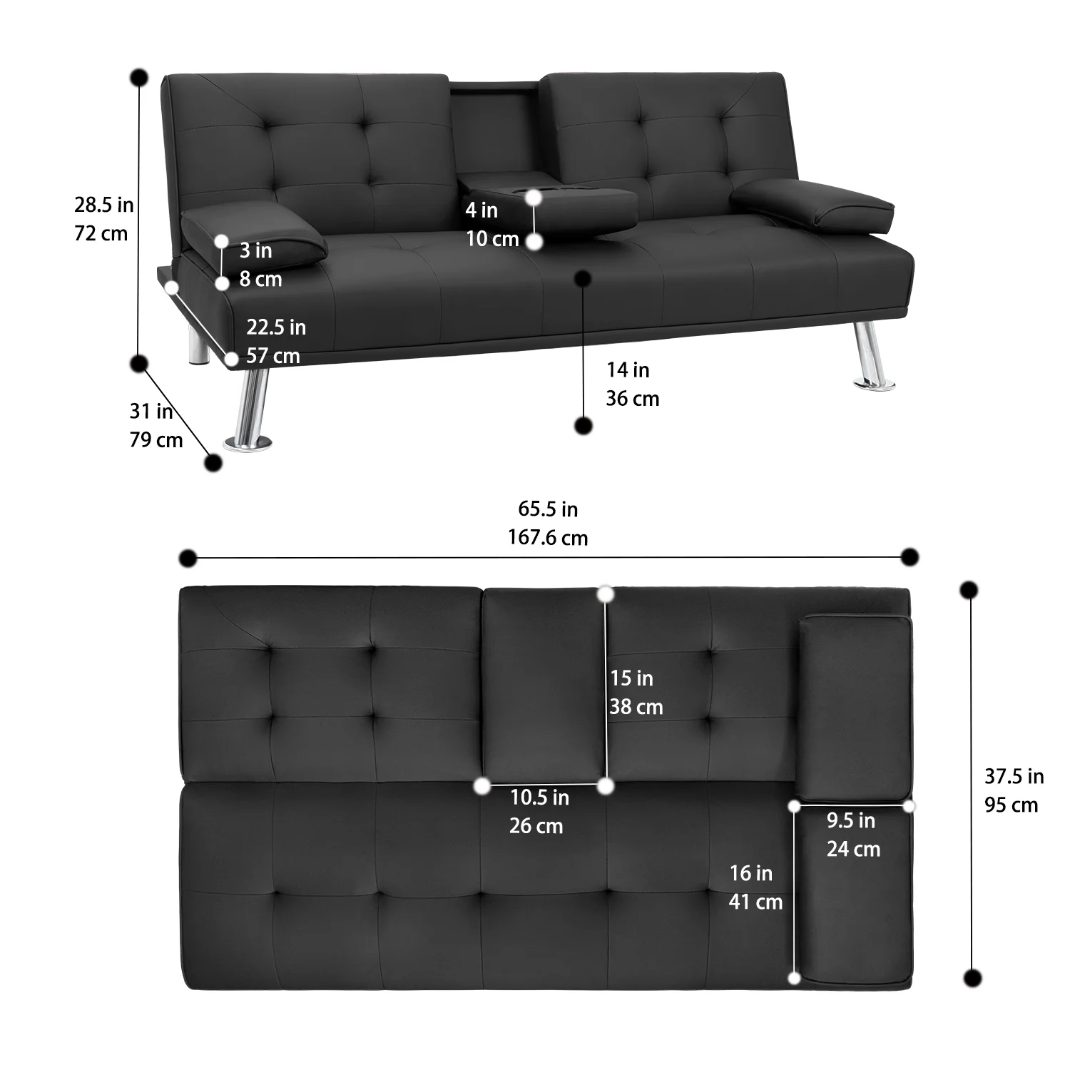 Lacoo Modern Faux Leather Convertible Futon with Cup Holders & Pillows, 65" Black