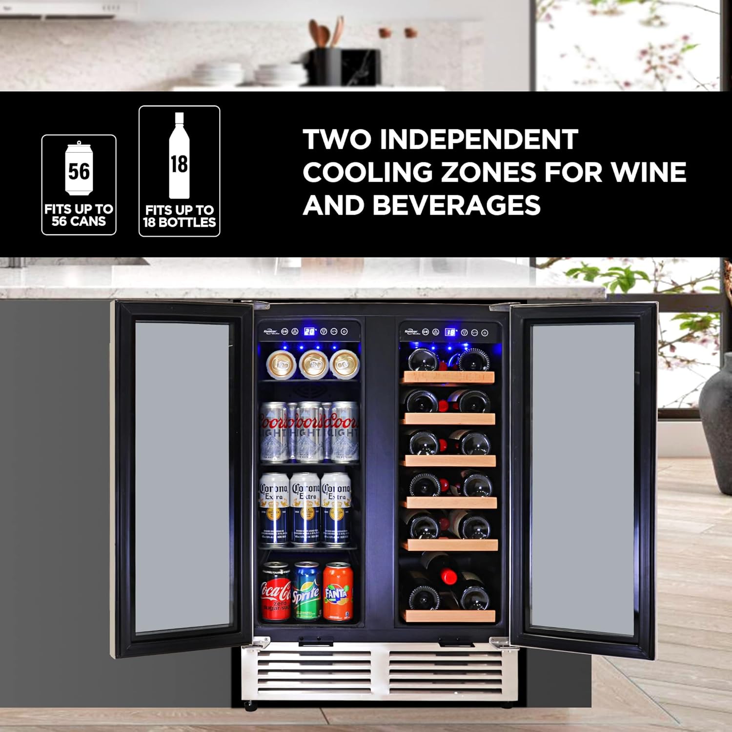 Koolatron 24 In Built-In Under-Counter Dual Zone French Door Wine and Beverage Fridge w/lock, 56 Can and 18 Bottle Capacity, Digital Temperature Control, Stainless Steel Door Frame Wine Cooler
