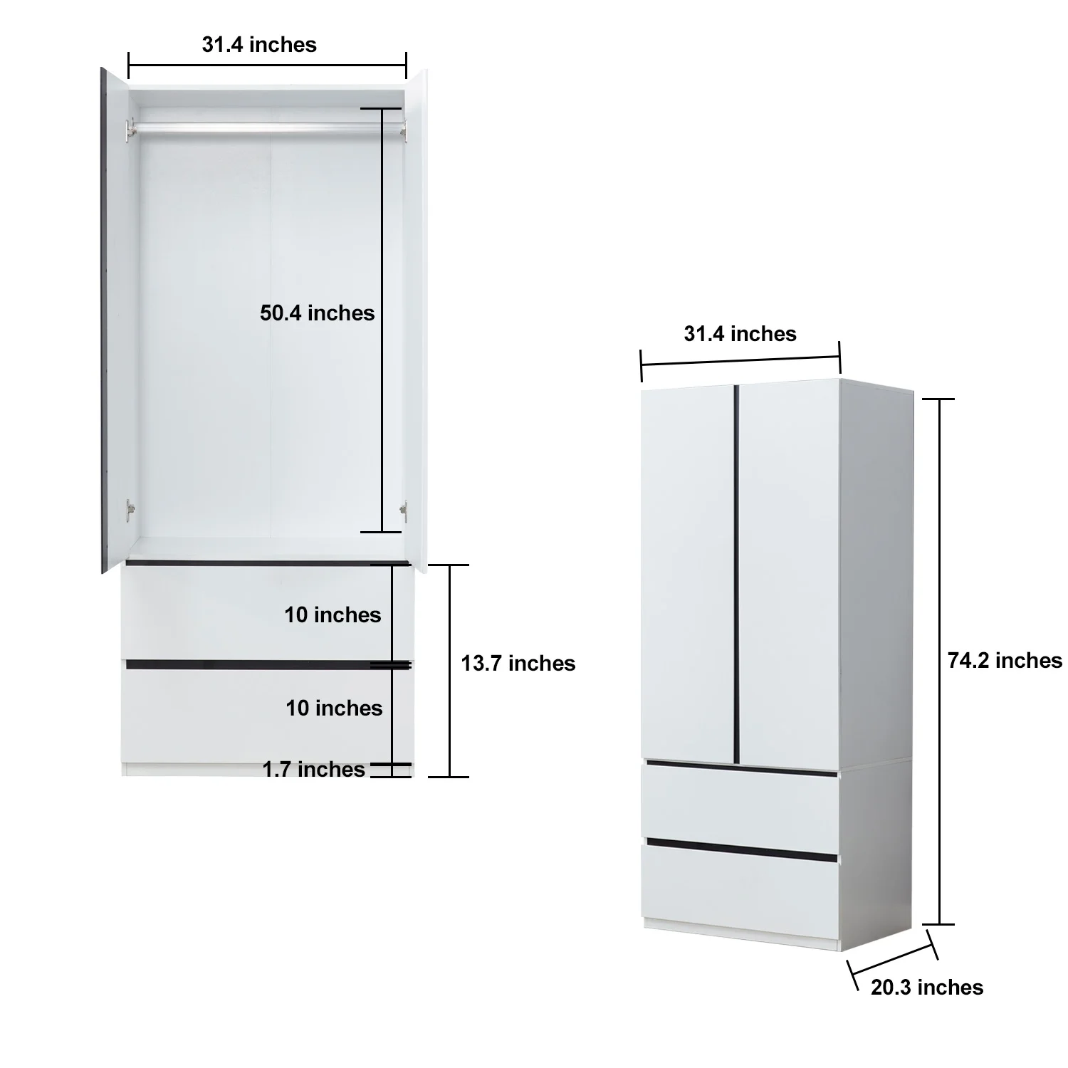 Sophshelter Wardrobe Armoire Storage Cabinet Wood: 2 Door 2 Drawers White Closet Cabinet for Large Capacity with Hanging Rod and Handles Armoire Storage Cabinet - Curated Treasures Market