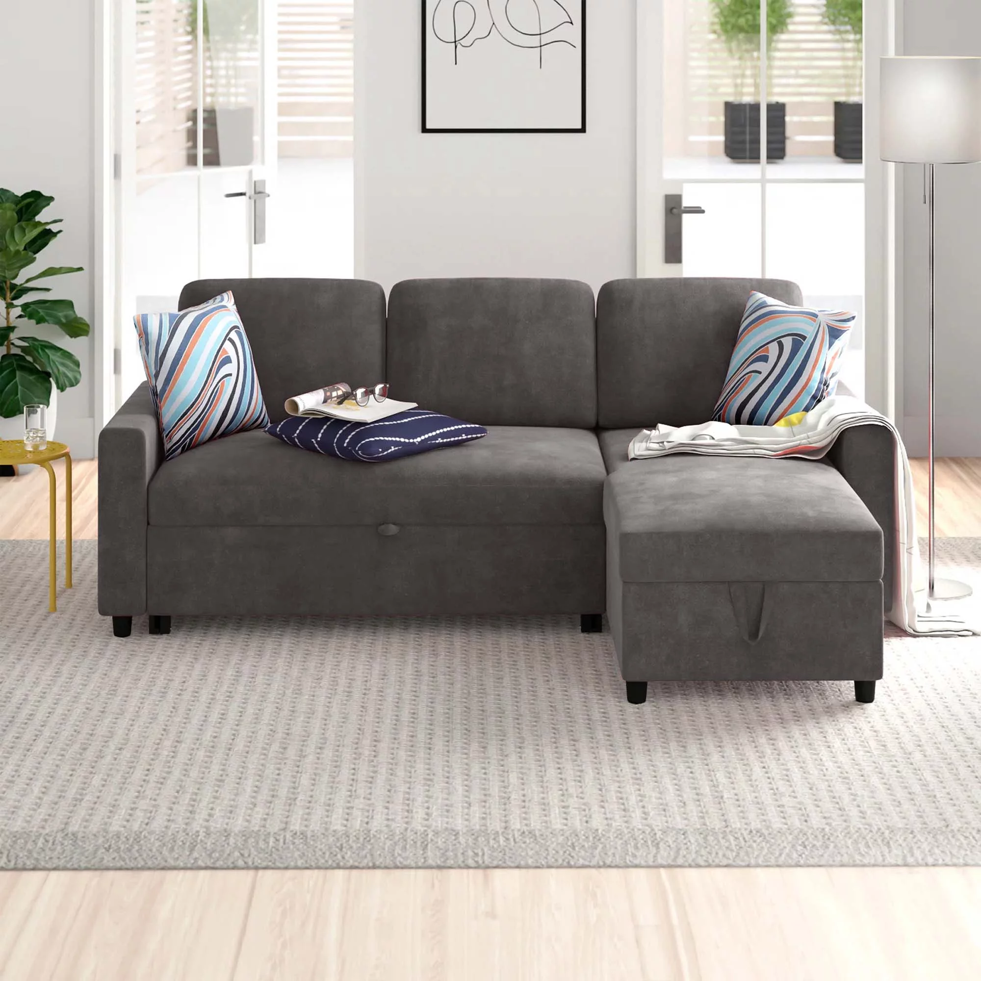 Momspeace Sofa Bed, 2 in 1 Sofa Sleeper with Storage Chaise-Pull Out Couch Bed for Living Room - Dark Brown