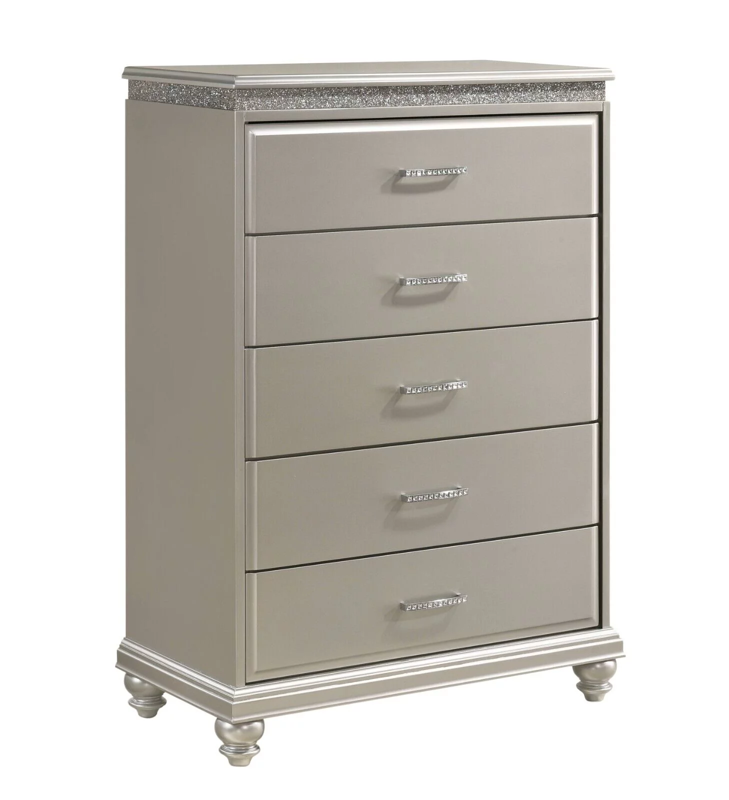 6pc Traditional Style King Panel Bed Dresser Mirror Nightstand Chest Wooden Bedroom Furniture Set Metallic Silver Finish