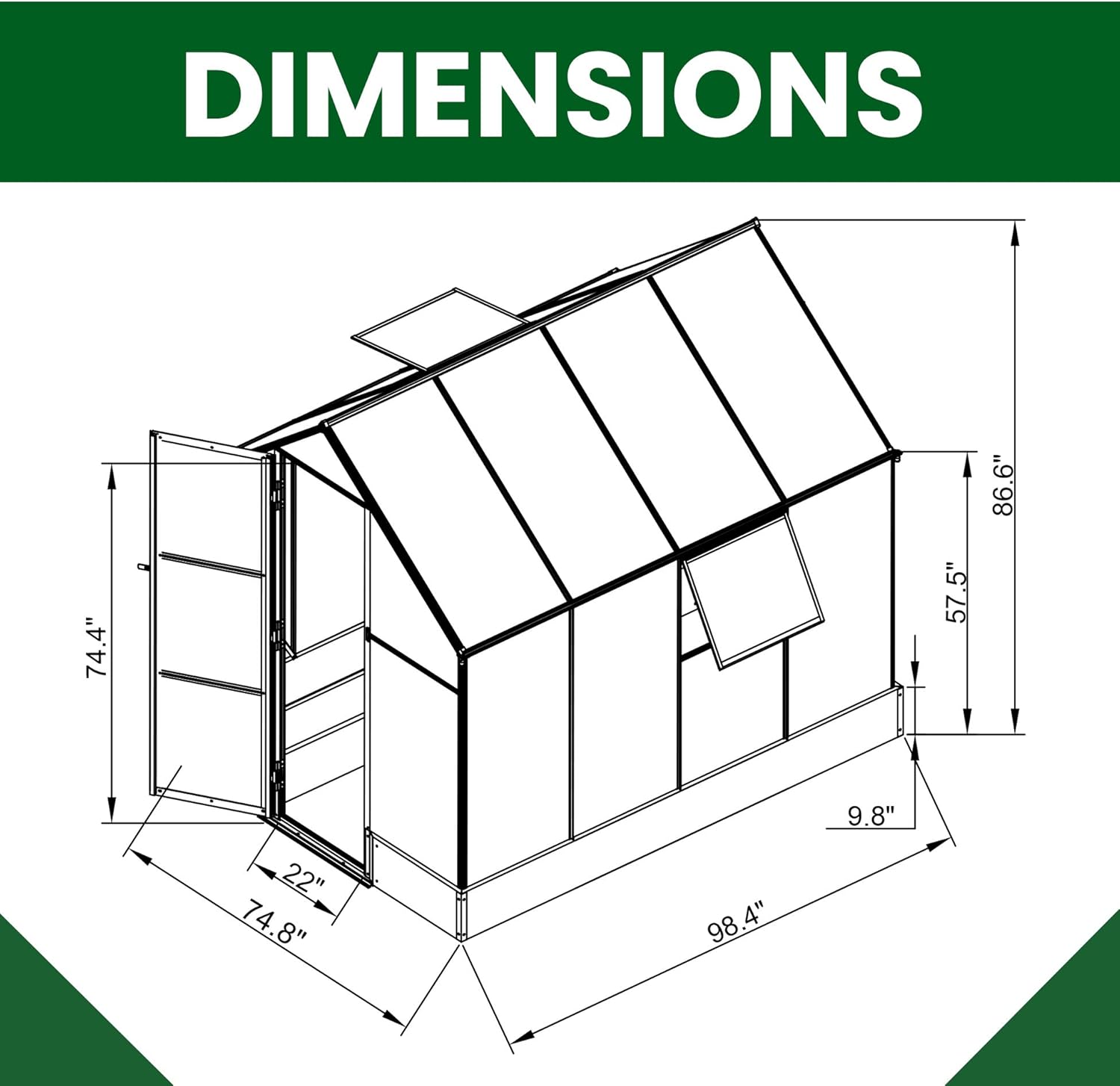 Hanover HANGRNHSP8X6-GRN 8 x 6-Ft. Polycarbonate Walk-in Greenhouse, Natural/Silver