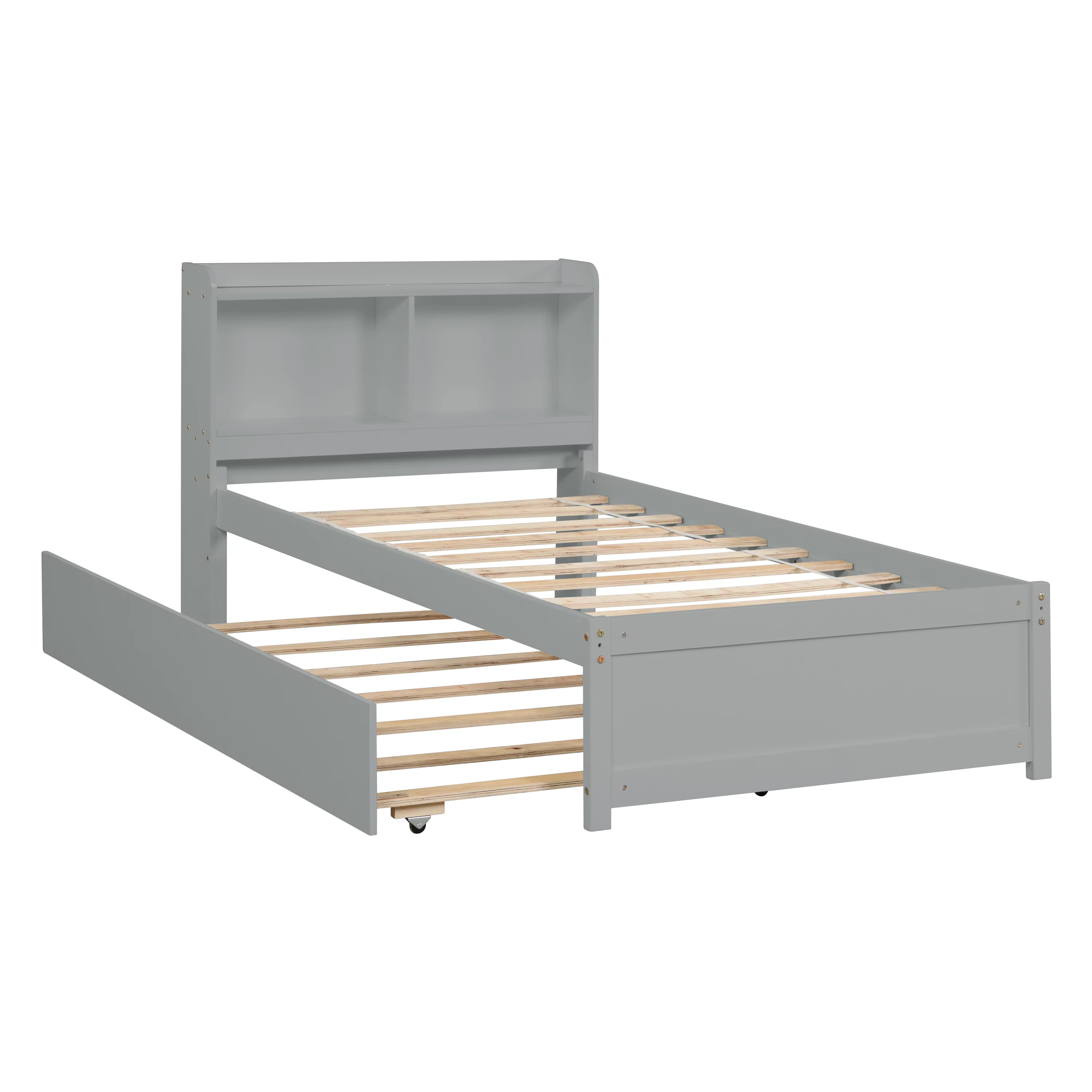 Twin Bed with Storage , Solid Wood Twin Size Bed Frame with 2 Bookcase Headboard , Twin Size Platform Bed with Trundle,Bookcase,Grey