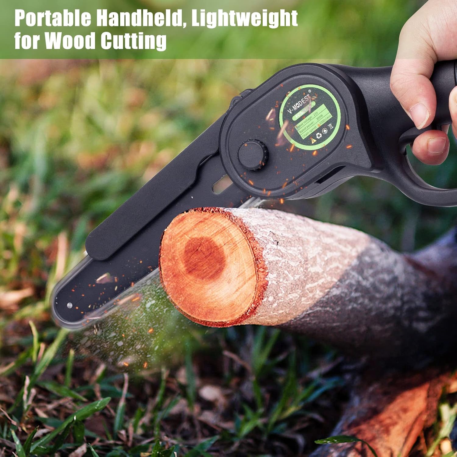 Mini Chainsaw 6 Inch 4 Inch Cordless, V-MODEST Upgraded One-Handheld Electric Chainsaw Brushless Motor with 2 Rechargeable Battery,3 Chains,Security Lock Design for Wood Cutting Trimming Pruning