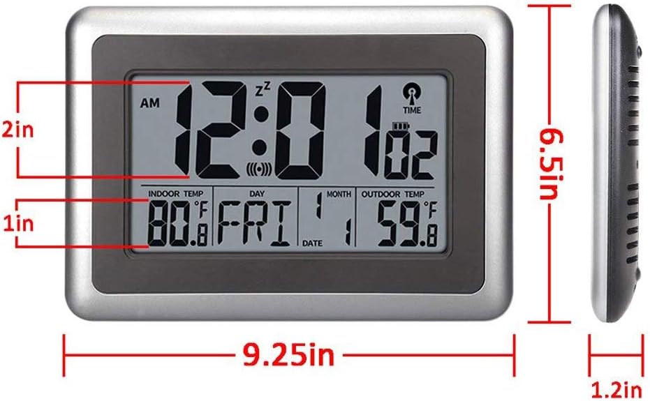Atomic Wall Desk Clock Large Display with Indoor Outdoor Temperature Date Calendar, Digital Alarm Clock Battery Operated Without Backlight for Kitchen Bedroom