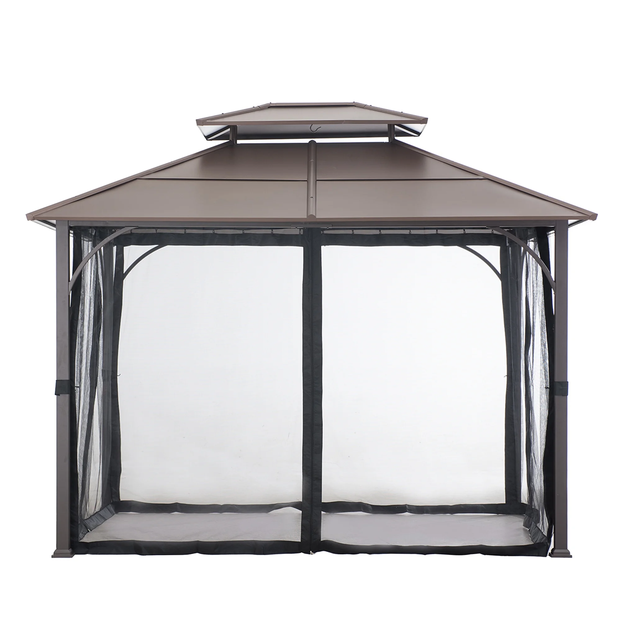 Sunjoy Lindsay Outdoor Patio 10x12 ft. Brown Steel Frame 2-Tier Hardtop Roof Gazebo with Ceiling hook and Netting