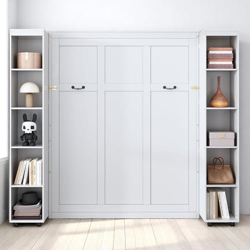 MERITLINE Foldable Hidden Queen Murphy Bed Cabinet with Storage Bookshelf Bookcase, Wood White Murphy Wall Bed with Storage Shelves for Adults (Espresso)