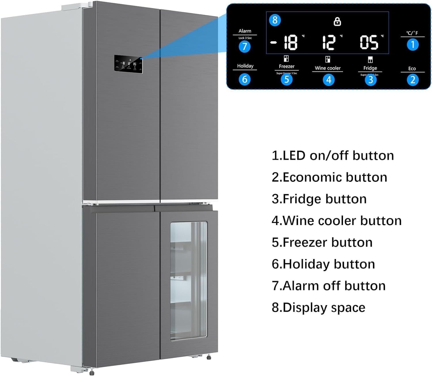 36 Inch French Door Refrigerator, 21 Cu.Ft. Counter Depth Refrigerator Bottom Freezer with Wine Cabinet, Stainless Steel 4 Doors Fridges Kitchen Freezer, Dual Ice Maker, Adjustable Shelves