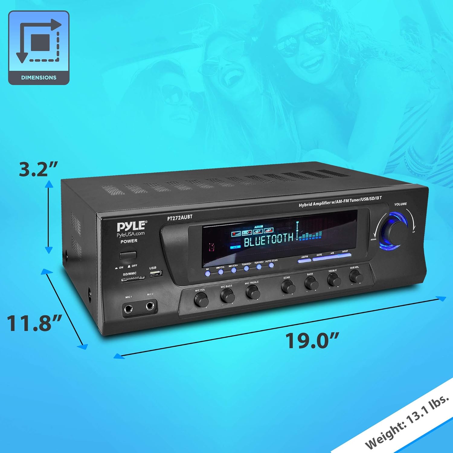 Wireless Bluetooth Audio Power Amplifier - 300W 4 Channel Home Theater Stereo Receiver with USB, AM FM, 2 Mic IN with Echo, RCA, LED, Speaker Selector - For Studio, Home Use - Pyle PT272AUBT