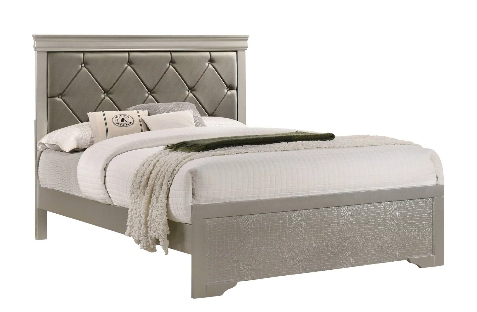 4Pc Silver Finish California King Size Panel Upholstery Bed Dresser Mirror Nightstand Set Wooden Bedroom Furniture