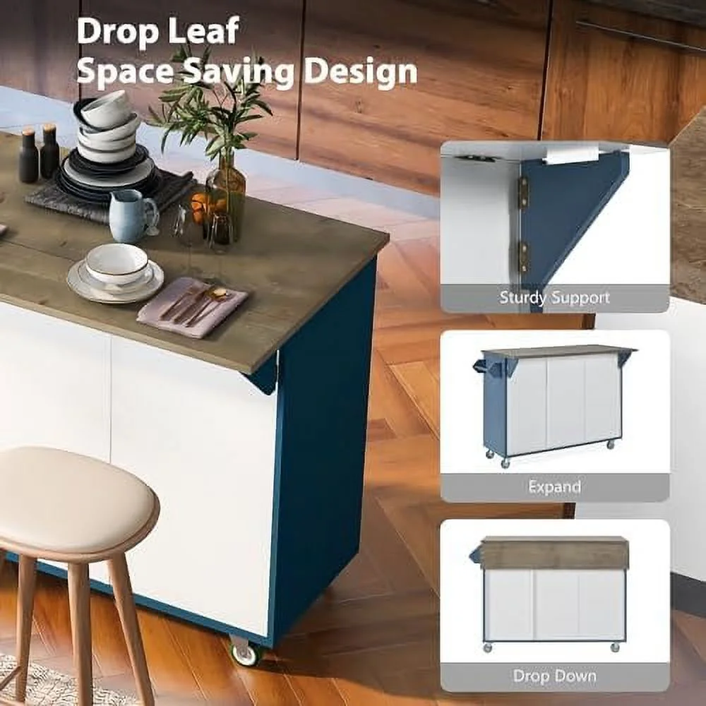 RUNFAYBIU Rolling Kitchen Island with Power Outlet Kitchen Island with  and Wheels  Rolling Kitchen Cart Cabinet with Shelves Drawer and Large Solid Wood Drop Leaf Desk Top