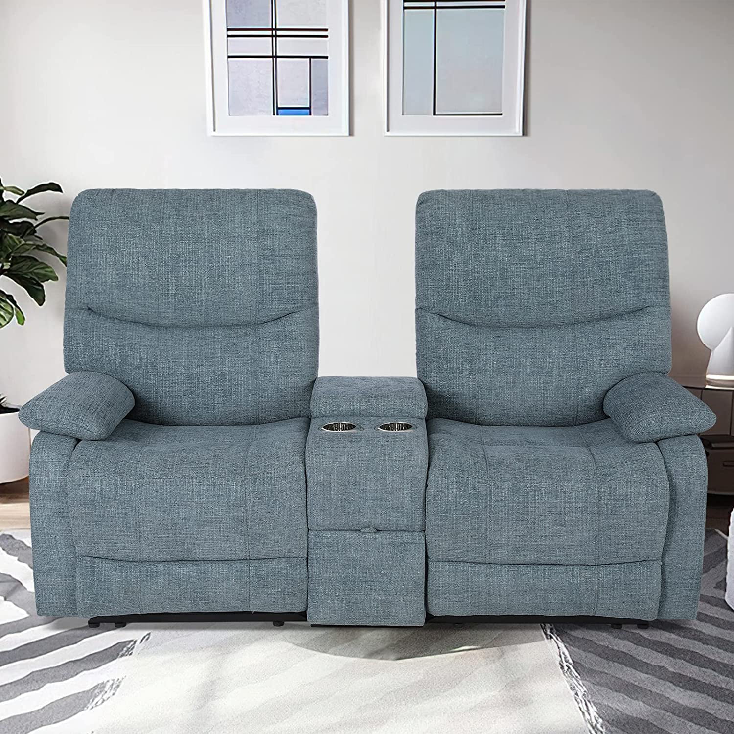 Reclining Sofa, Double Reclining Loveseat with Console, 2 Seater Sofa Home Theater Seating, Fabric Recliner Sofa Couches with Storage and Cup Holders