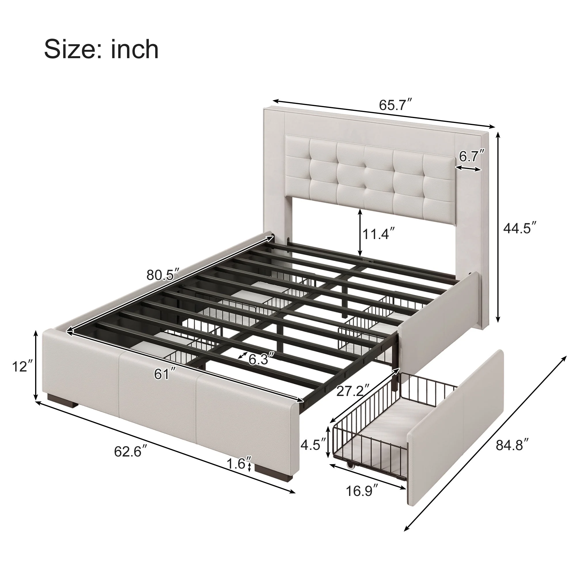 Acer Queen Platform Bed Frame with Four Drawers - Beige