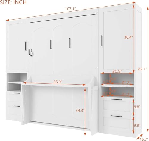 MERITLINE Full Murphy Bed with Desk and Storage 2 Closet,Drawers&Shelves, Wood Folding Murphy Wall Bed Cabinet for Adults (Full,White with Drawers)