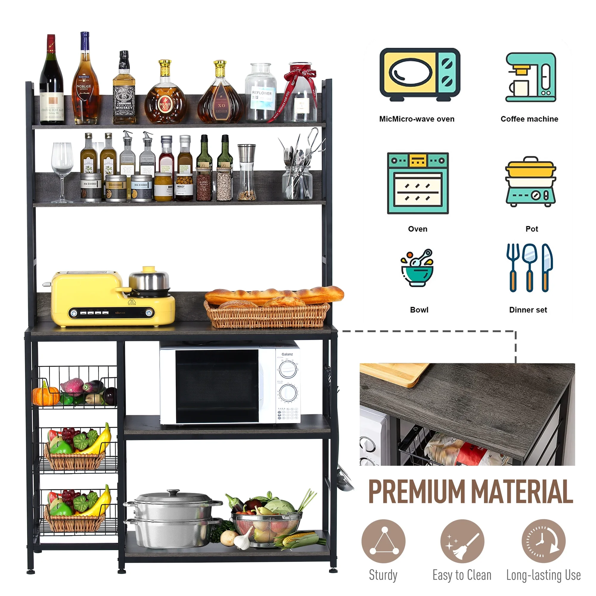 NAIYUFA Kitchen Bakers Rack with Baskets,5-Tier Utility Storage Wood Shelf with Hooks, Microwave Oven Stand Rack,Vintage Grey