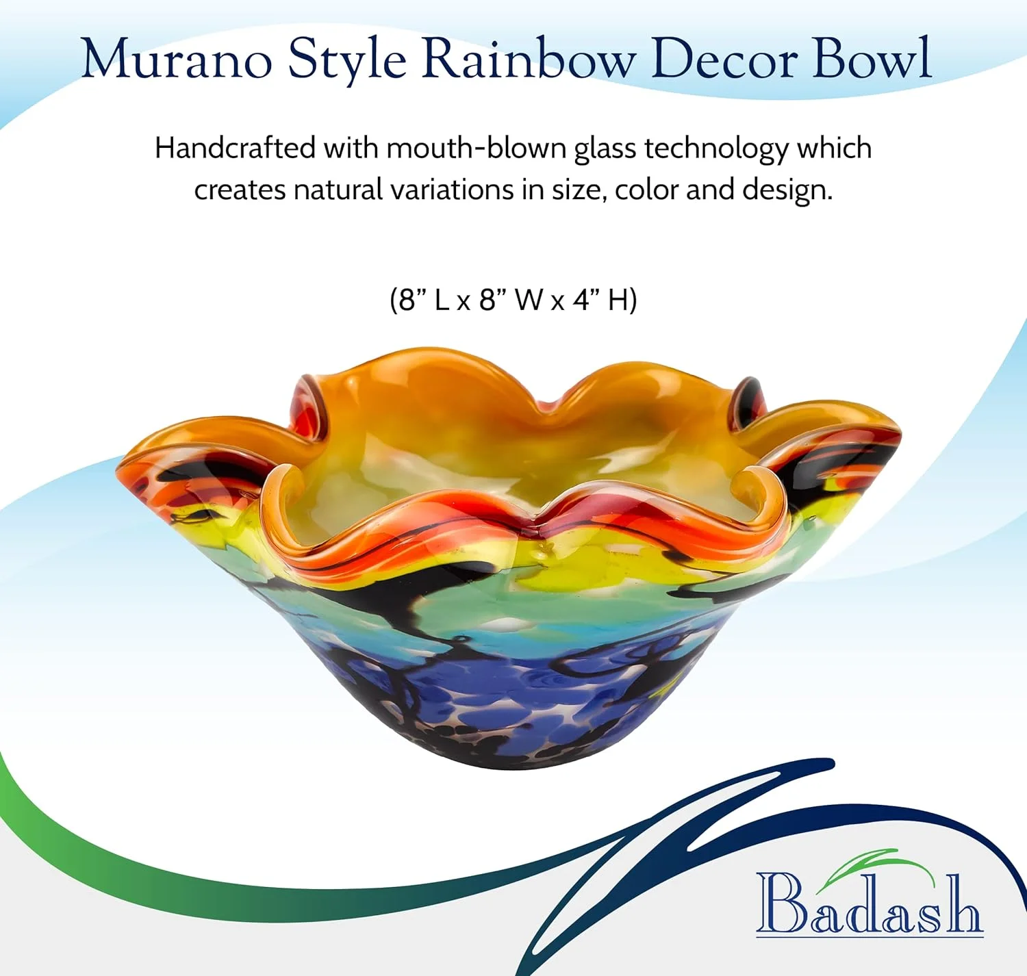 Allura Bowl - Murano- Rainbow Art Glass - Murano- Art Glass Bowl Centerpiece - 8” Mouth-Blown Glass Bowl - Decor Bowl Centerpiece Home Decor Accent
