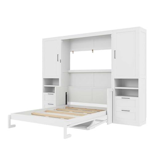 Merax Queen Size Murphy Bed with Desk, Space-Saving Wall Bed Frame with Closet, Drawers and Shelves, Foldable Platform Bed for Small Spaces Studio Study Office Guest Room, Gray