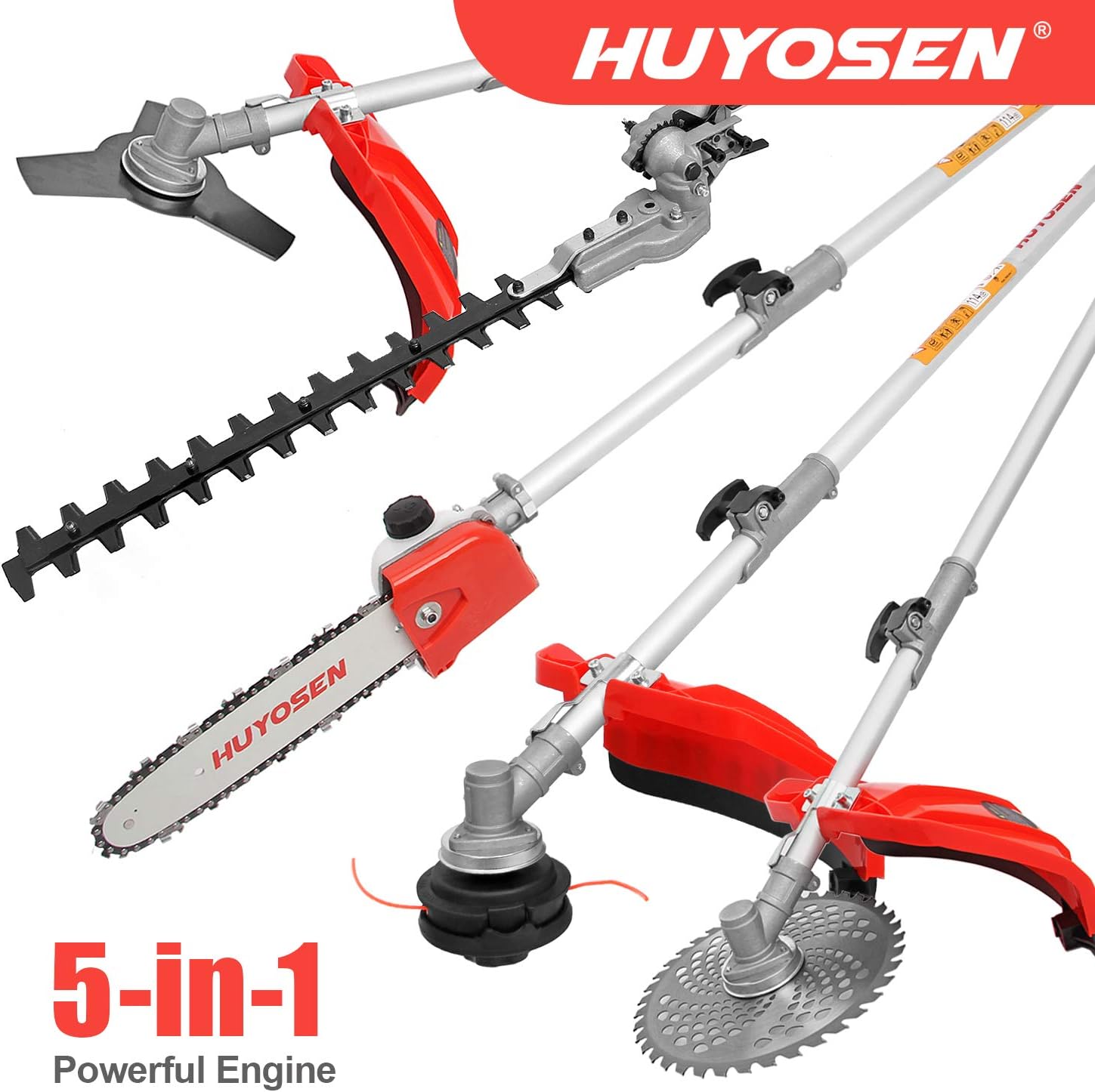 HUYOSEN Gas Pole Saw, 45CC 2-Cycle Pole Saws for Tree Trimming 8.2 FT to 11.4 FT Extension with Multifunctional 5 in 1 Weeder Eater, Hedge Trimmer, Chinsaw, Brush Cutter and 3T Blade