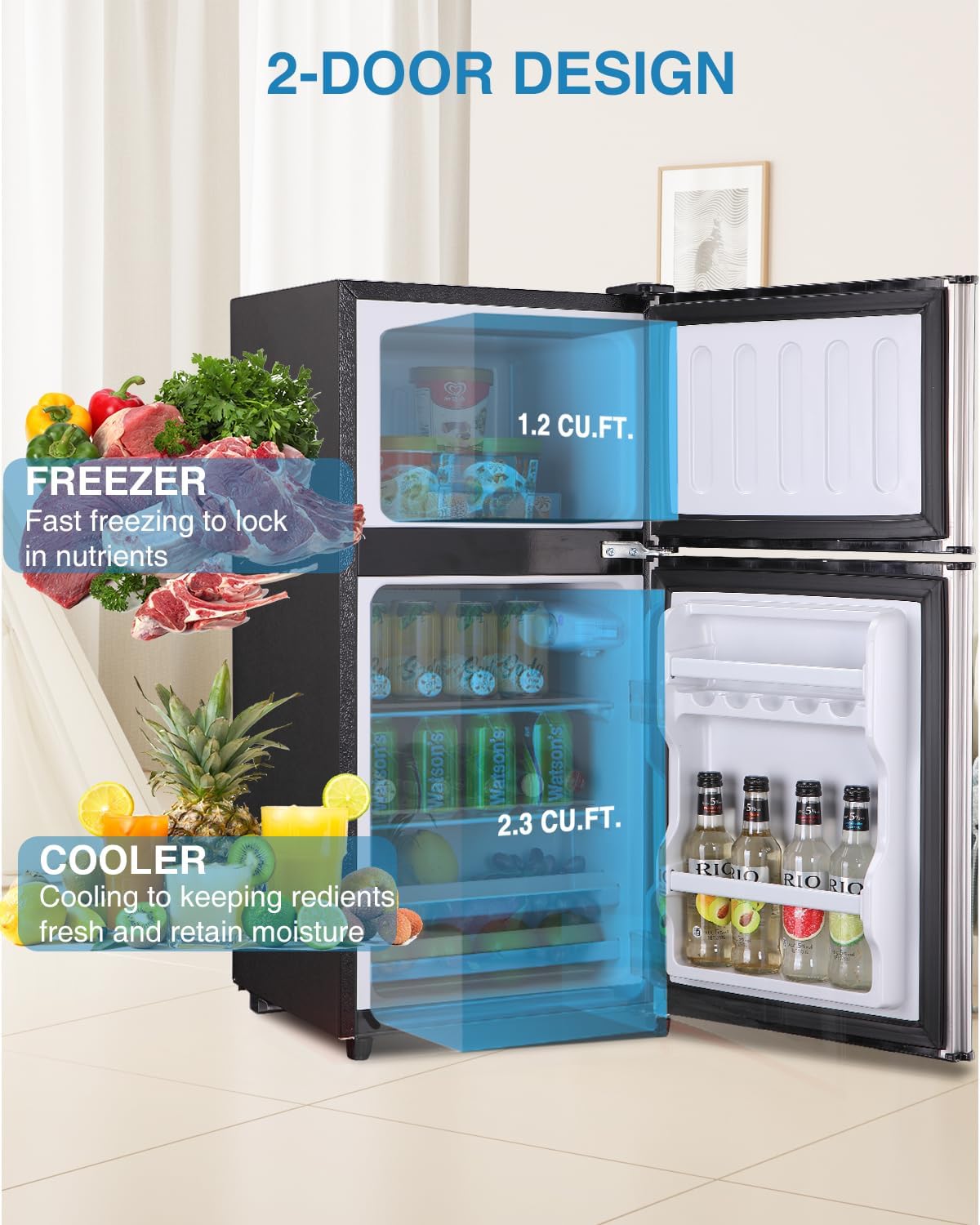 3.5 Cu.Ft Mini Fridge with Freezer, Double Door, Small Refrigerator,7-Level Adjustable Thermostat, Quiet Mini Fridge for Bedroom, Dorm, Office, Apartment Silver