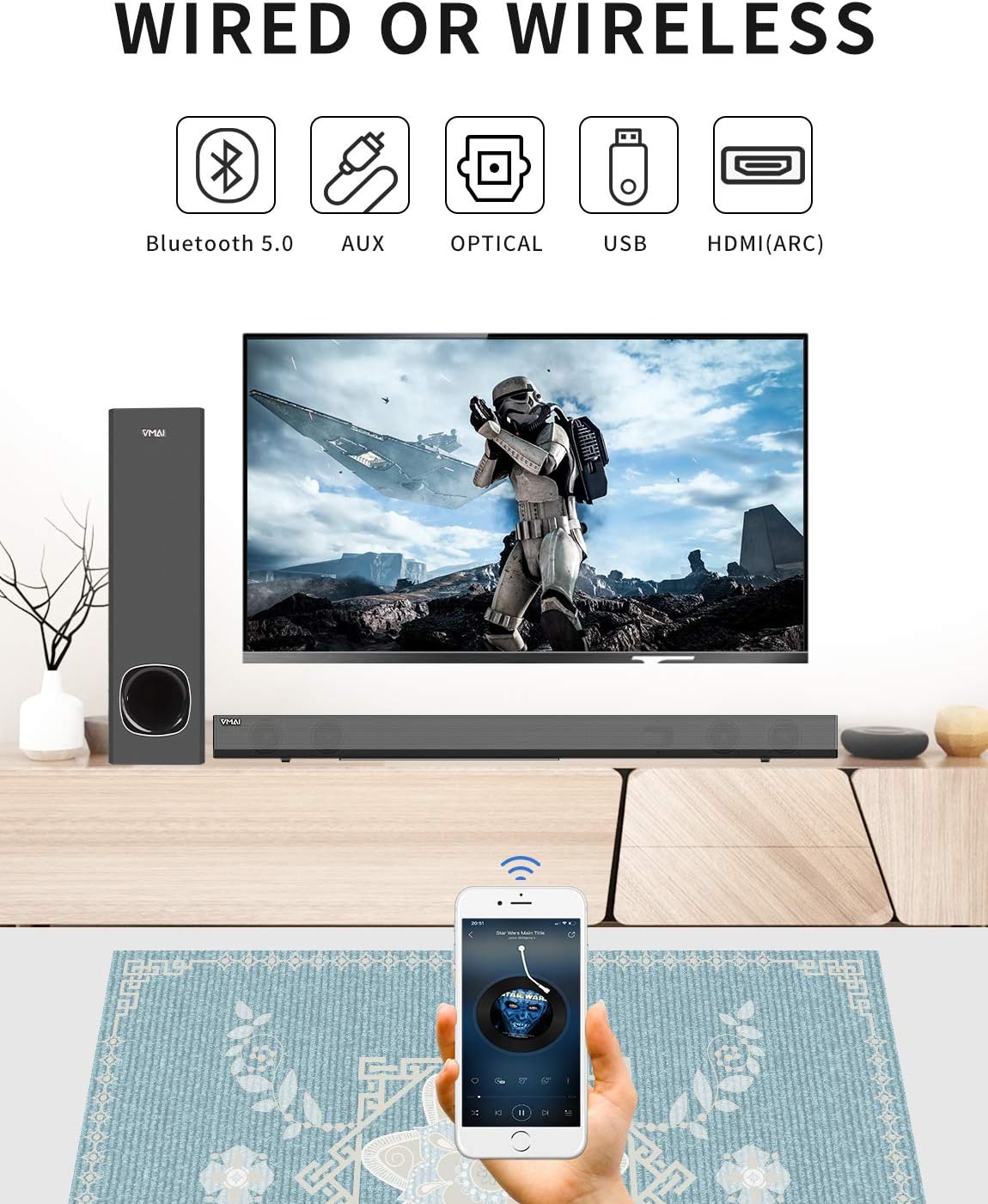 Sound Bar, TV Sound Bar with Subwoofer, 120W 2.1 Soundbar, Wired & Wireless Bluetooth 5.0 Speaker for TV, 34 Inch, HDMI/Optical/Aux/USB, Wall Mountable, Bass Adjustable Surround Sound for Home Theater