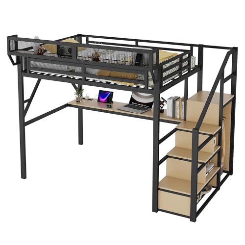 Full Size Loft Bed with Stairs and Storage, Metal Loft Bed Frame with Bedside Shelf and Large Under-Bed Space, Heavy-Duty Bed for Adults Teens and Kids, Black