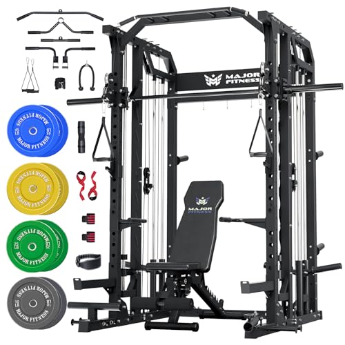 Major Fitness Drone2 Advanced Training Smith Machines– All-in-One Home Gym Squat Rack with Aluminum Pulley Set , Weight Bar, Dual LAT Pull-Down Systems & Cable Crossover Machine for Full-Body Workouts