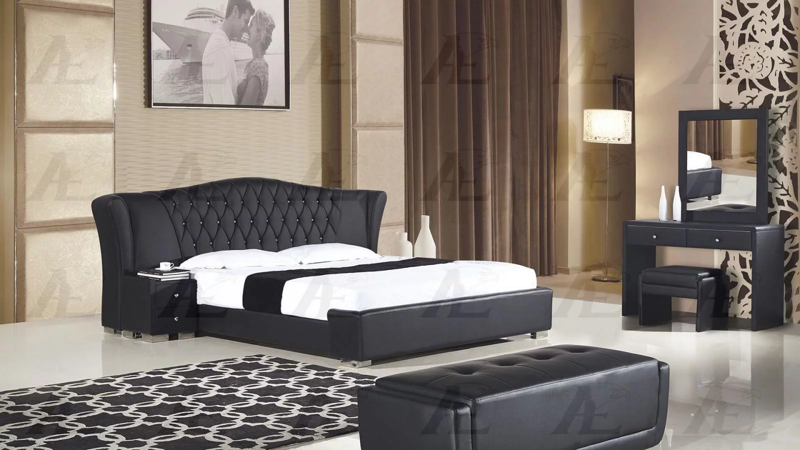 Black PU Cal King Size Bed and 2 Nightstands Set 3Pcs American Eagle B-D028