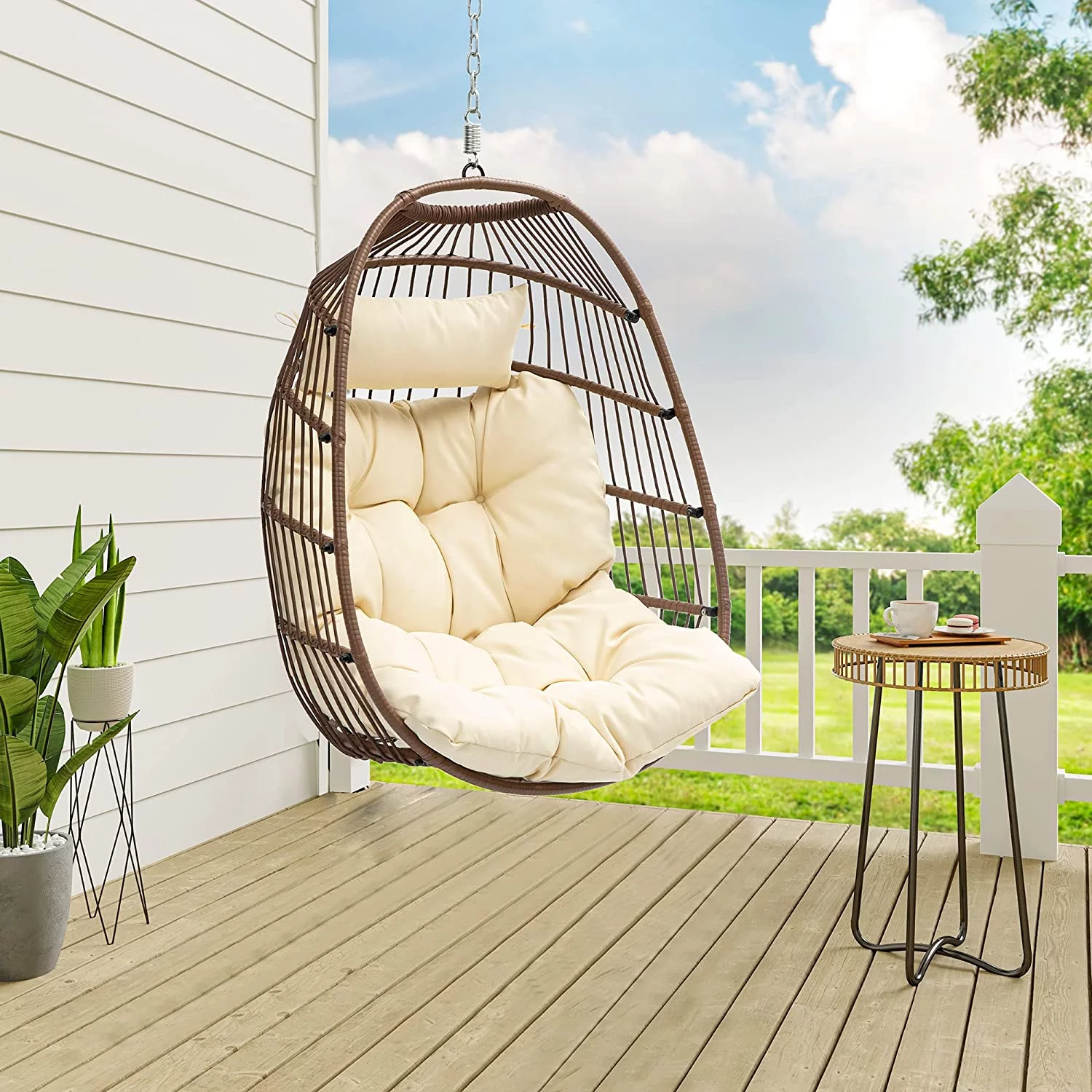 Dextrus Hanging Egg Swing Chair Without Stand UV Resistant Cushion 350lbs , Beige - Curated Treasures Market