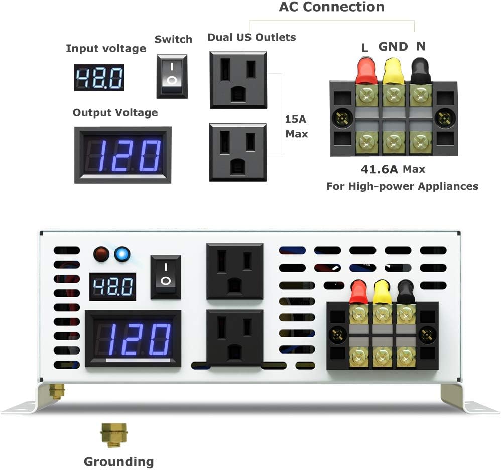 WZRELB 5000W Pure Sine Wave Power Inverter DC 48V to 110V 120V AC Car Inverter with Dual Outlets +Hardwire Terminal +Digital LED Display Solar Converter