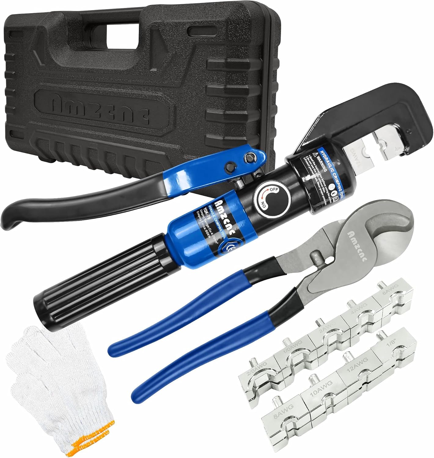 AMZCNC Hydraulic Crimping Tool and Cable Cutter Hydraulic Cable Lug Crimper 8 US TON 12 AWG to 00 (2/0) Electrical Terminal Cable Wire Tool Kit with 9 Die Pack of 2