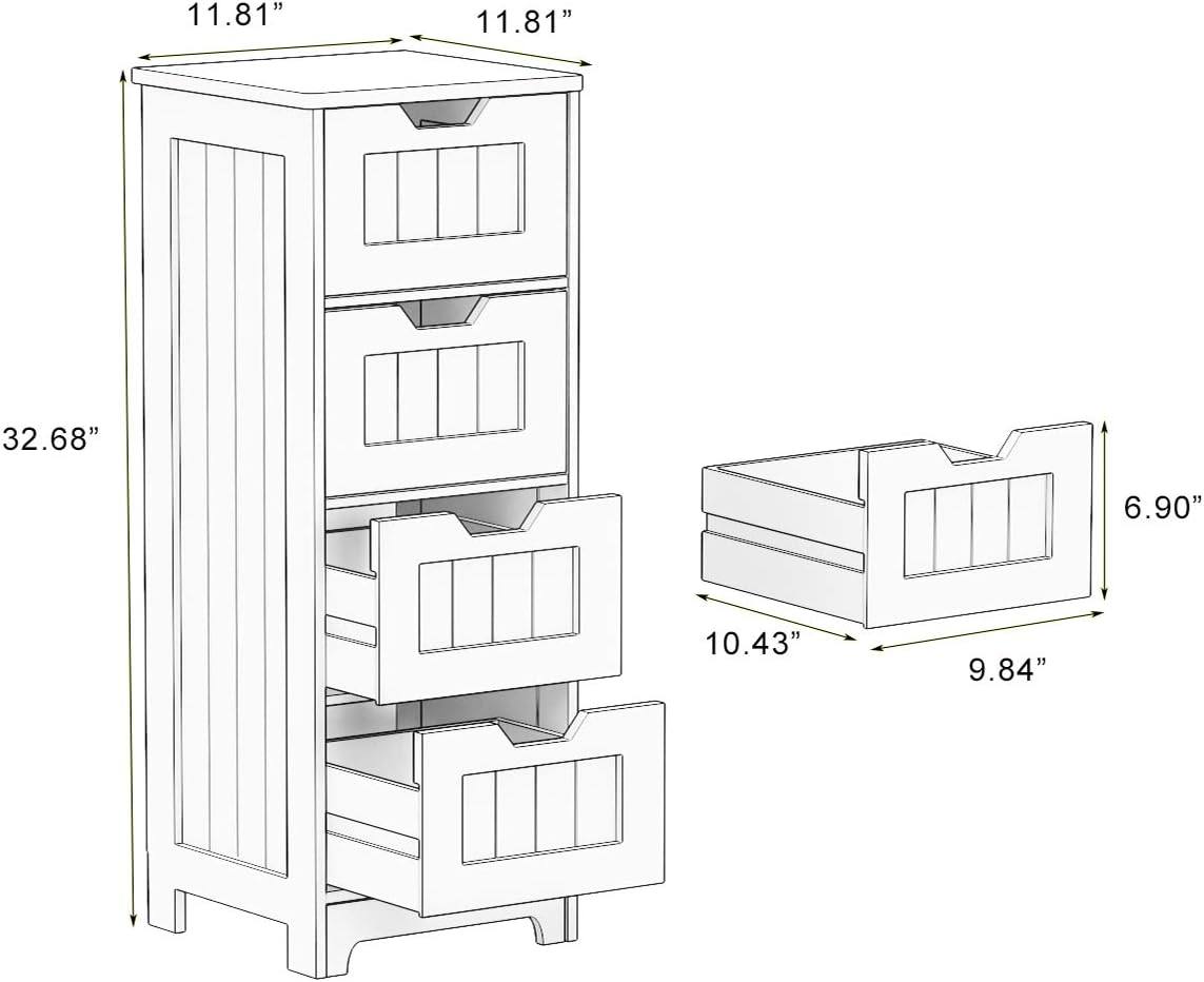 Bathroom Floor Cabinet RASOO White Freestanding Storage Organizer Cabinet with 4 Drawers for Bathroom, Living Room, Kitchen, 11.81x11.81x32.68(LxWxH)