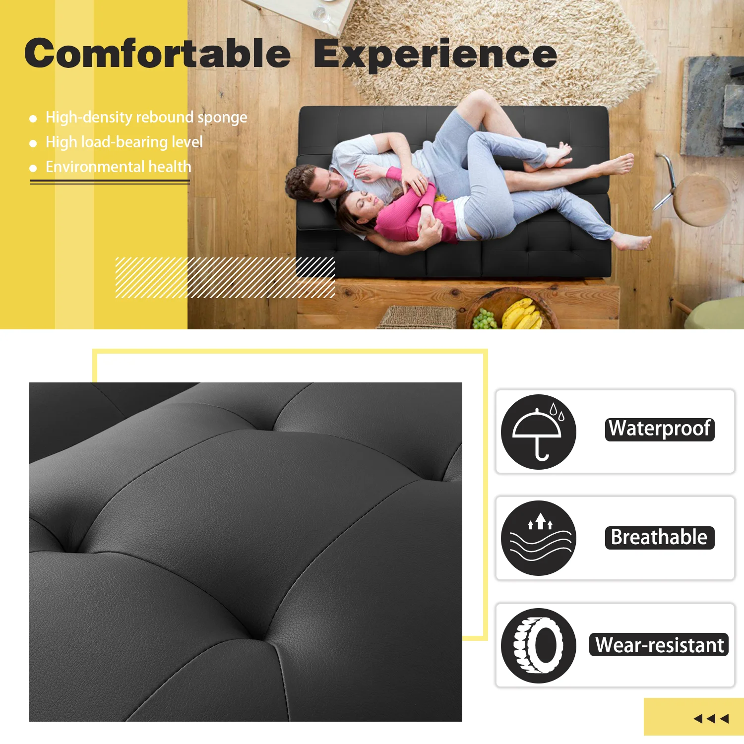 Lacoo Modern Faux Leather Convertible Futon with Cup Holders & Pillows, 65" Black